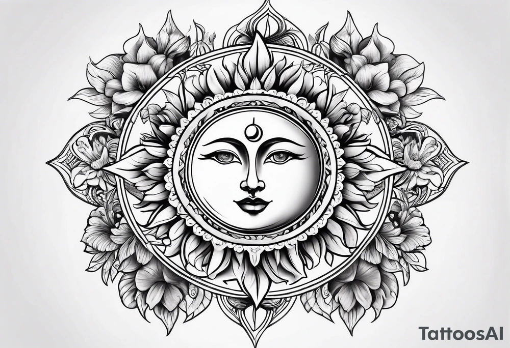 Floral sun and moon tattoo idea