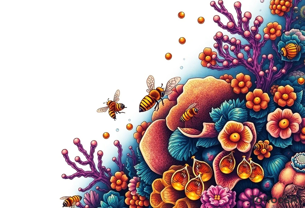 Coral reef scene with honey bees swimming on honey comb tattoo idea