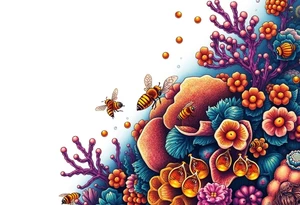 Coral reef scene with honey bees swimming on honey comb tattoo idea