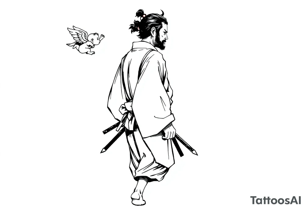 A solemn Japanese samurai (or ronin) in traditional hakama and kimono, walking in profile view. A small winged cherub or angel is floating behind him, reaching out with its hand towards his back. Black and white ink sketch, high contrast, monochrome, manga style, clean lines, dynamic composition, with ink splatter details on a white background. --ar 1:1 tattoo idea