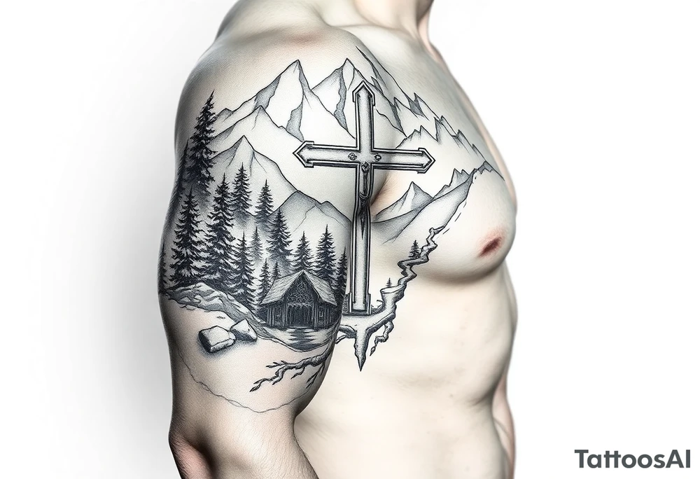 russian orthodox cross in a light forrest mountainous setting tattoo idea