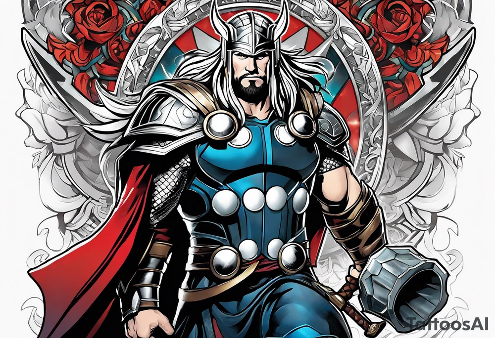 The Mighty Thor from MCU with a vignette in the background tattoo idea