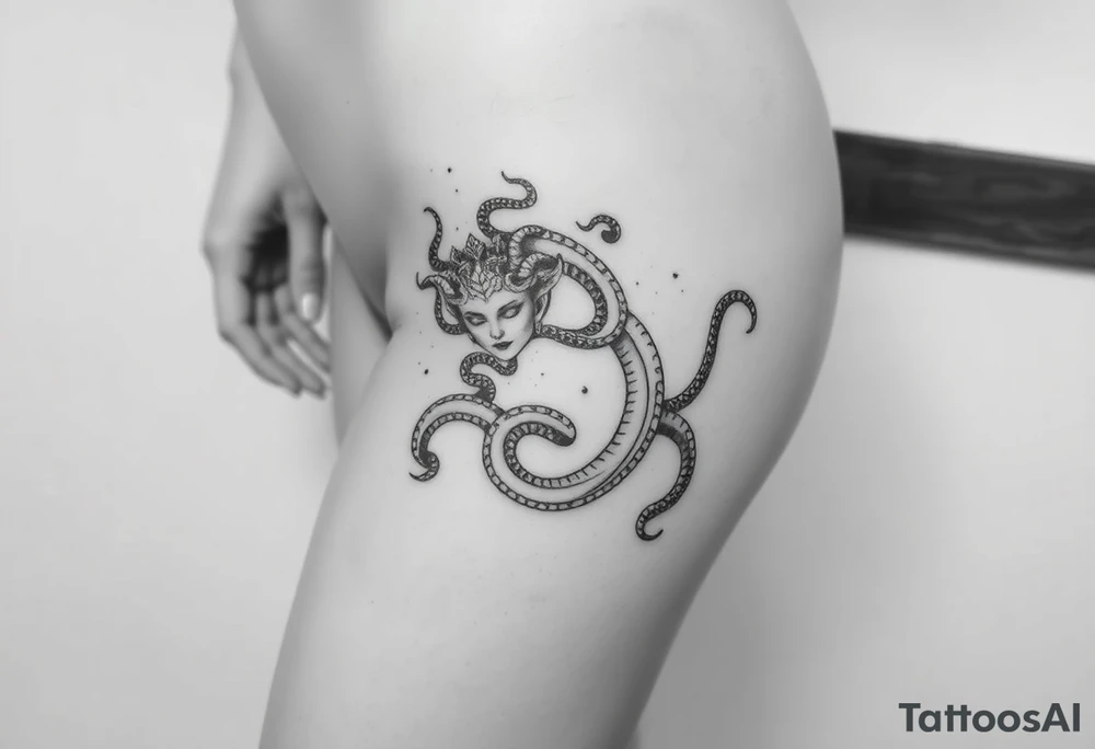 Medusa-inspired symbolism, feminine, dainty, large piece from hip to thigh (like a Tribal tattoo wrap it around the thigh of the leg tattoo idea
