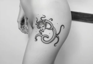 Medusa-inspired symbolism, feminine, dainty, large piece from hip to thigh (like a Tribal tattoo wrap it around the thigh of the leg tattoo idea