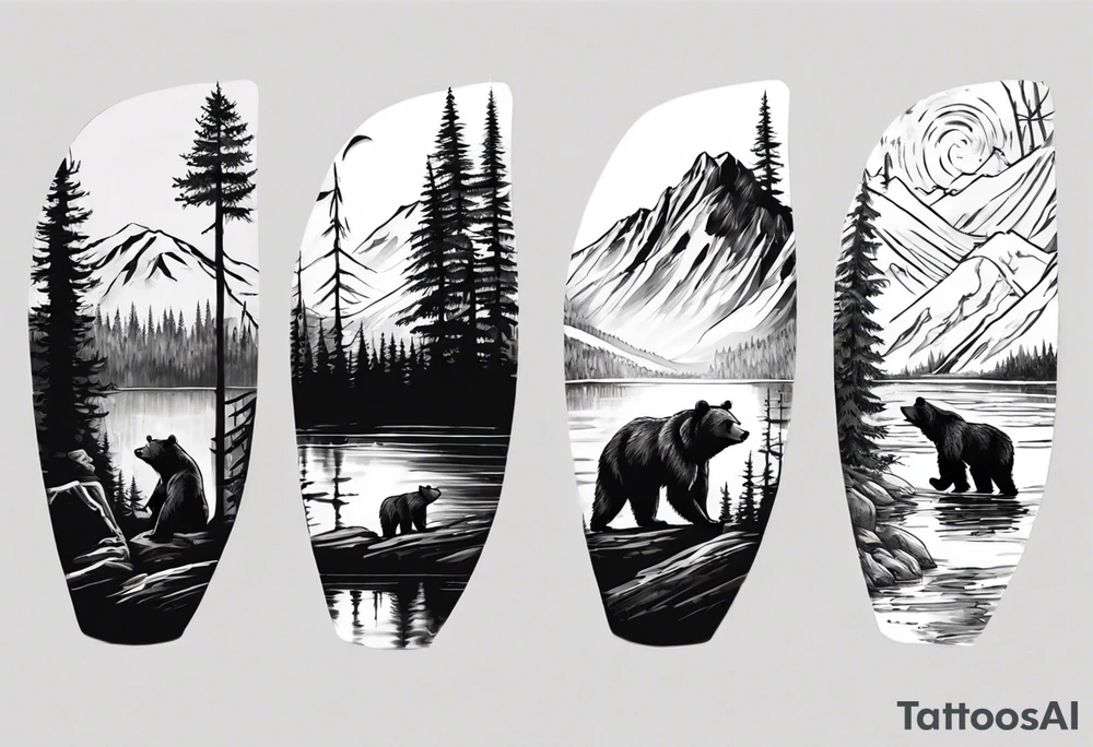 bear head right above the forest line with a lake below, full arm sleeve tattoo tattoo idea