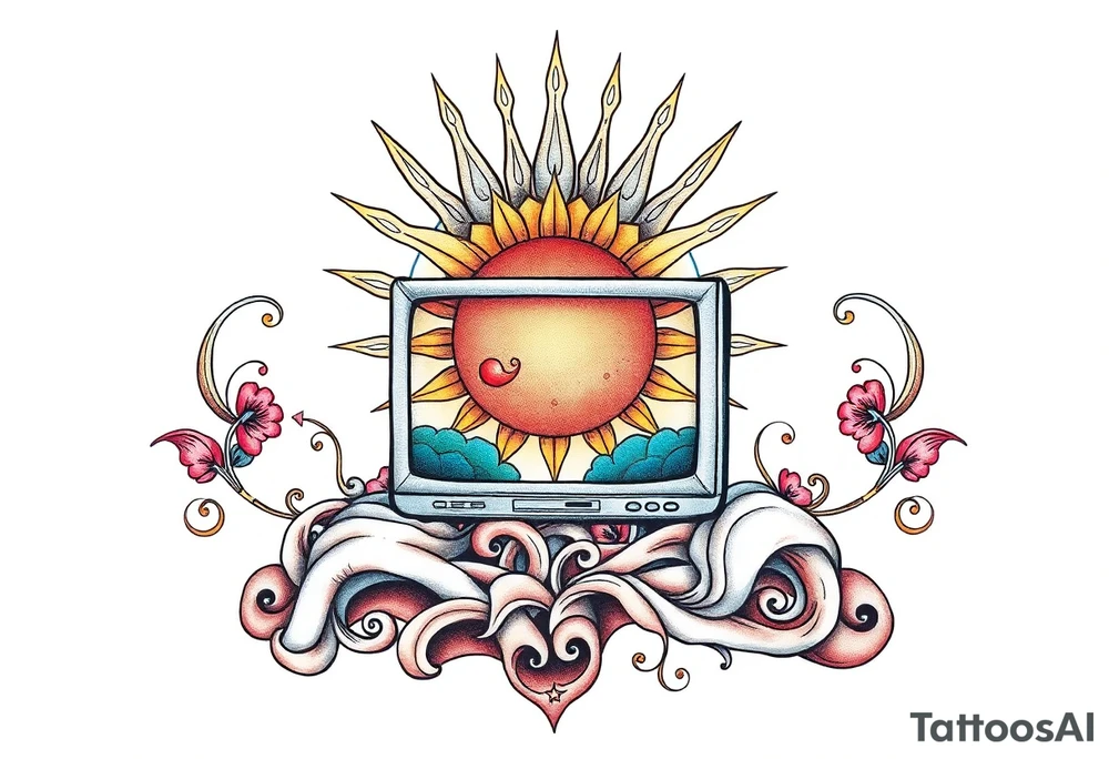 tv on a bed with a sun tattoo idea