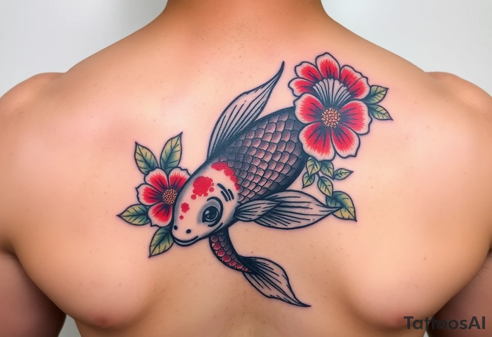 Une carpe koi avec des fleurs en couleur sur le bras tattoo idea