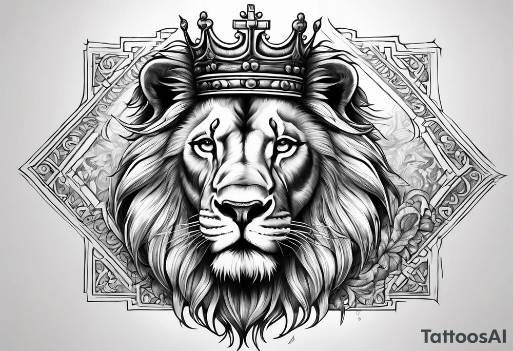 Long Lion crown cross tattoo idea