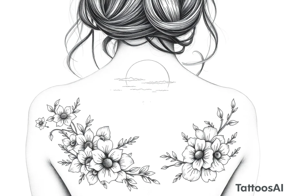 Ocean sunset view from the beach with lots of florals and ocean life and nature tattoo idea