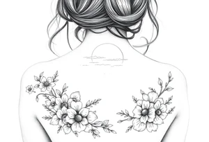 Ocean sunset view from the beach with lots of florals and ocean life and nature tattoo idea