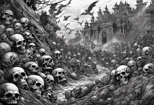 Necromancer raising an army of the dead from dead bodies on a battlefield tattoo idea