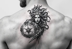 Athena goddess of war and wisdom with her Medusa shield and spear as a women’s sleeve tattoo idea