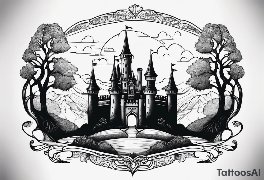 Fairytale castle in landscape, more black, less detailing, engraiving, etching tattoo idea