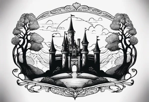 Fairytale castle in landscape, more black, less detailing, engraiving, etching tattoo idea