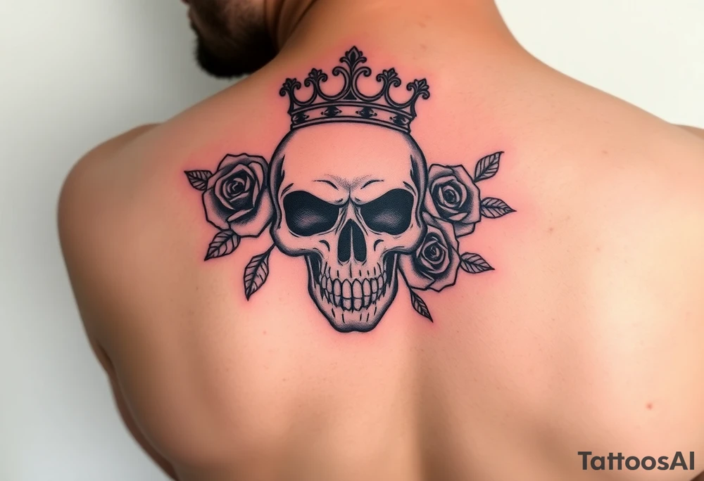 Bold vibrant gothic skull with a couple roses and crown with glow tattoo idea