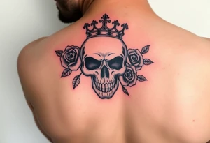 Bold vibrant gothic skull with a couple roses and crown with glow tattoo idea