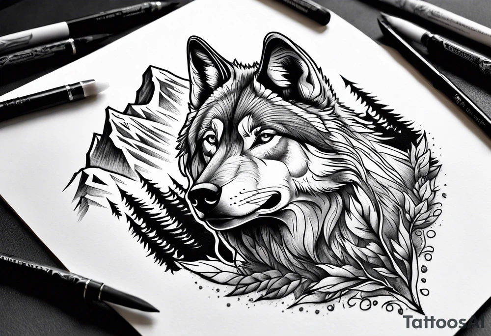 Mountains, wolf in it tattoo idea