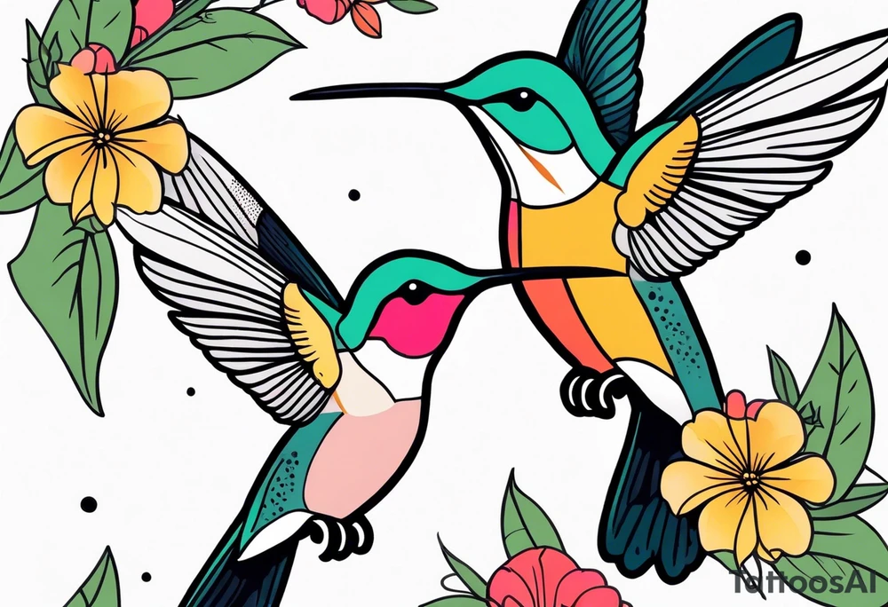 botanical, flowers, colorful, different, hummingbird, dot tattoo idea