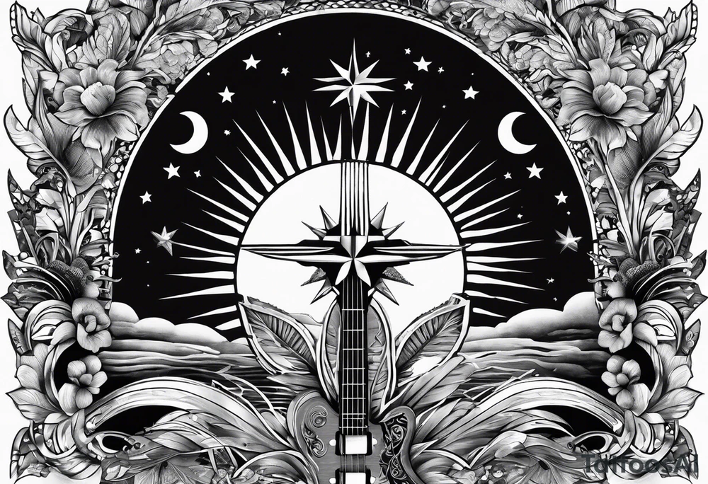 Collage for full left arm sleeve with:
a sun with a quarter moon,
2 stars
bass guitar,
caduceus symbol tattoo idea