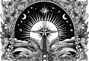 Collage for full left arm sleeve with:
a sun with a quarter moon, 
2 stars
bass guitar, 
caduceus symbol tattoo idea