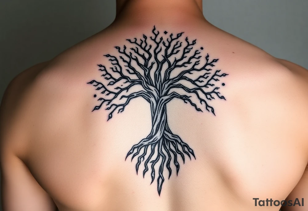 mystical tree of life with cosmic roots and celestial branches tattoo idea