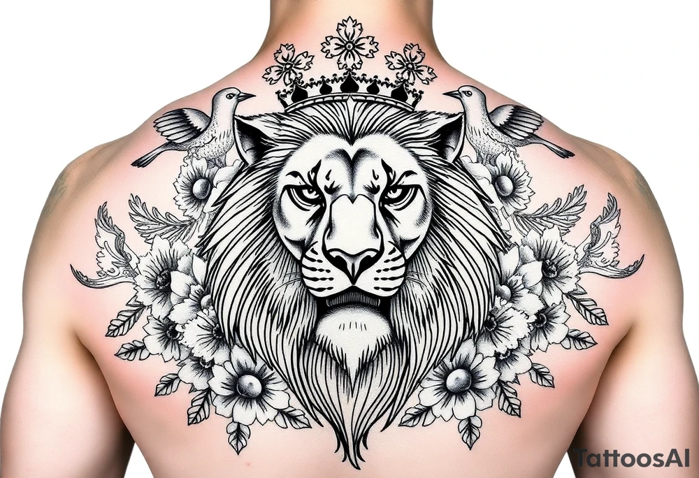 powerful majestic lion with a crown, surrounded by floral ornaments and birds tattoo idea