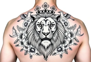 powerful majestic lion with a crown, surrounded by floral ornaments and birds tattoo idea