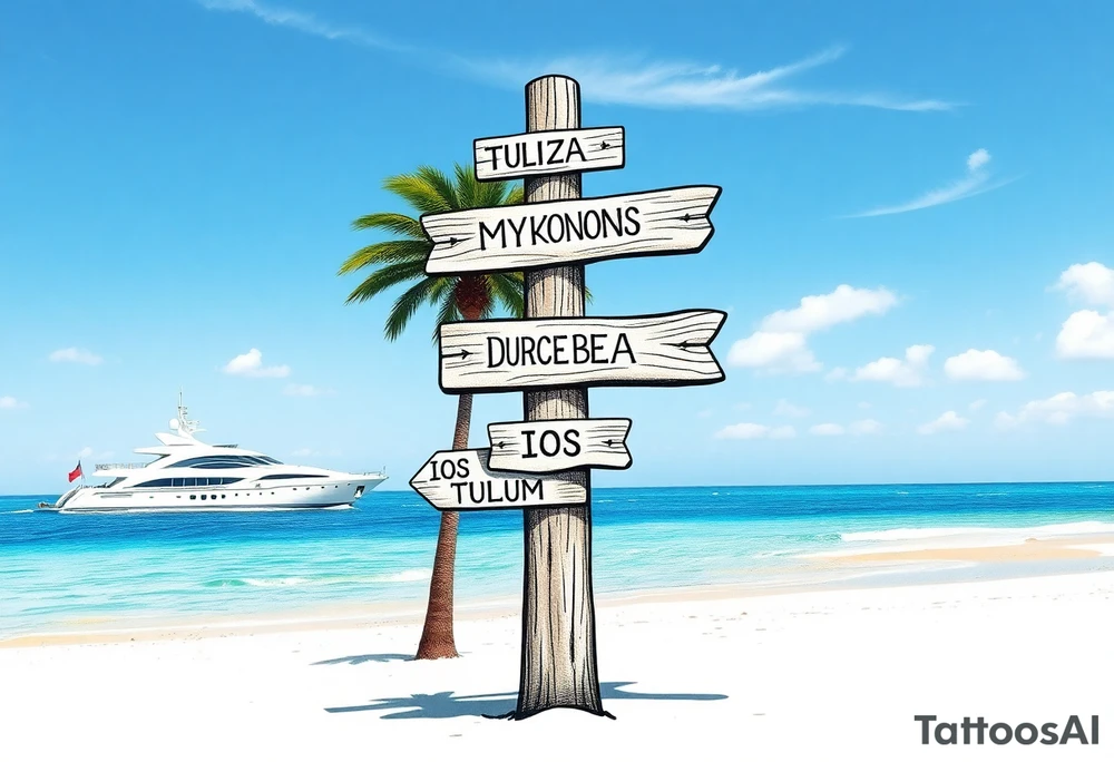 A tall wooden signpost with four directional arrows, each pointing in a different direction. The arrows are rustic and slightly weathered, with the names of popular travel destinations written on them: 'IBIZA', 'MYKONOS', 'DUBAI', 'ZRCE BEACH', 'IOS', 'PALMA', and 'TULUM'. The signpost is located on a sandy beach with a clear blue ocean in the background. A luxurious white yacht is visible on the water, slightly in the distance. A tall, green palm tree stands nearby, casting a small shadow on the sand. The scene is bathed in warm sunlight, with a few wispy clouds in the sky, creating a relaxed and tropical vacation vibe. tattoo idea
