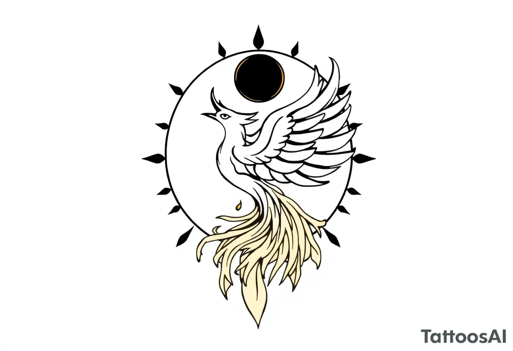 magical phoenix rising from golden flames with trailing embers surrounded by geometric sun and moon tattoo idea