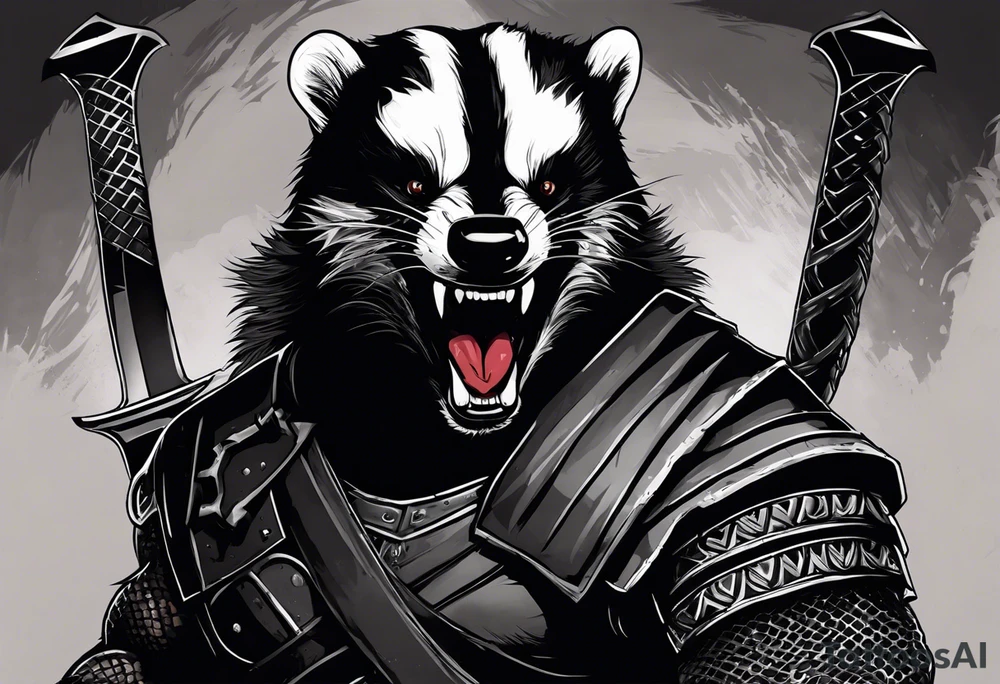 Draw me psychopath Honey Badger/Berserker/Fearless with aggressive full body, killer face with a scary smile, very long nails and he attacks like a Bloody Assassin/Warrior/Gladiator to us and also, he has very deadly looking. He fights with his nails only. Everybody scares after their first sight. Give me horror type Badger Tattoo. I want to see his Realistic full body with no weapons. You can show destruction at the back. tattoo idea