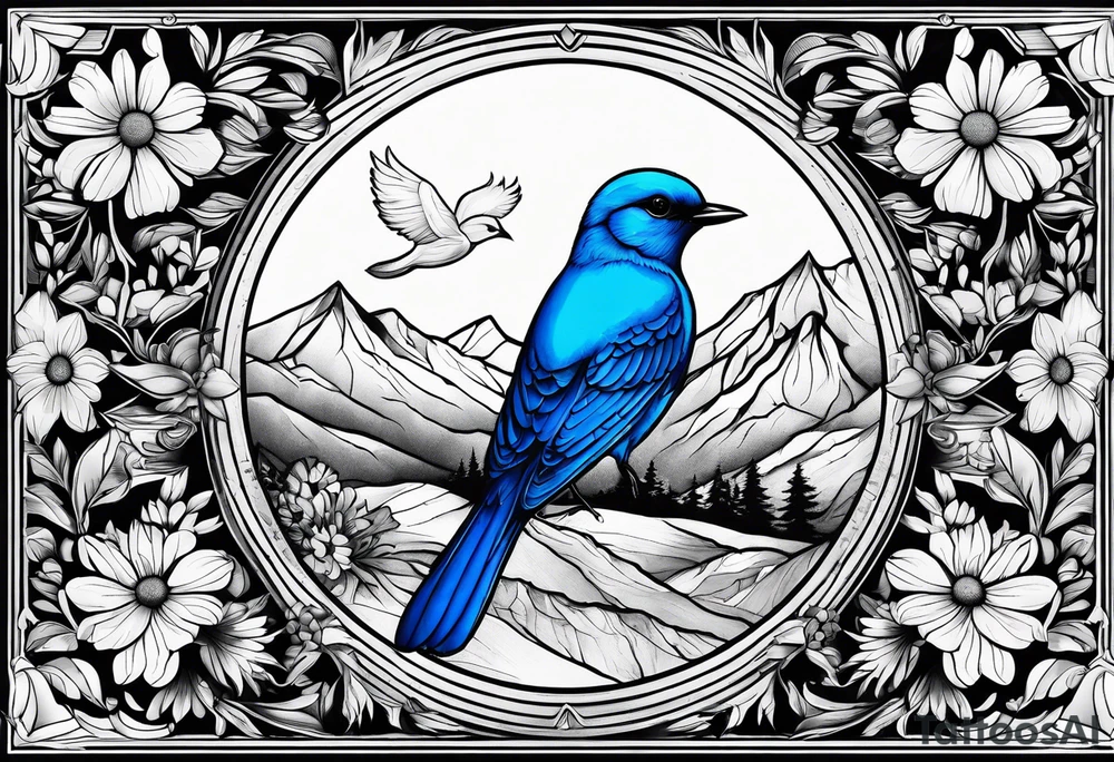 Small blue bird in forefront of Mountain View with daisy flower tattoo idea Small blue bird in forefront of Mountain View with daisy flower tattoo idea