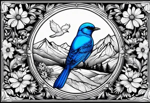 Small blue bird in forefront of Mountain View with daisy flower tattoo idea