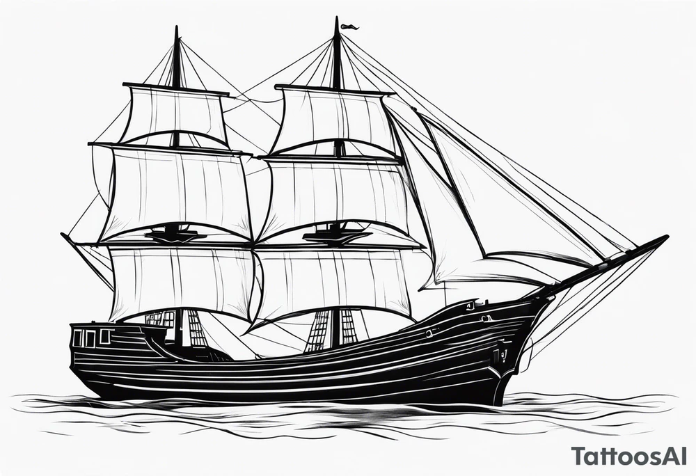 large and dark wooden ship facing left 2 dimensional tattoo idea