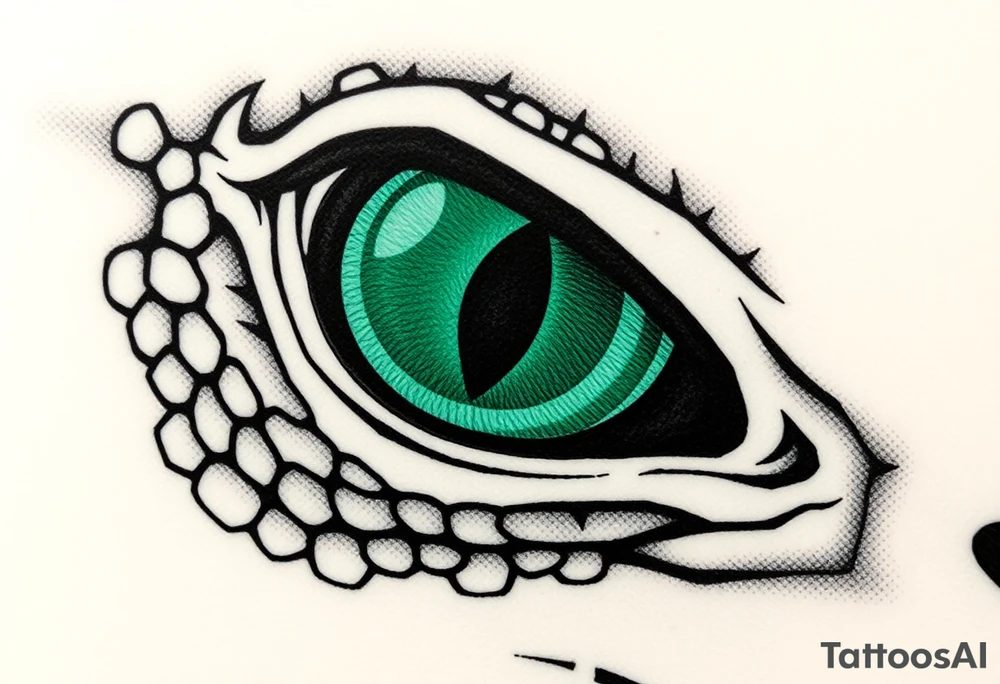 "A hyper-detailed close-up of a lizard eye, realistic scales texture, emerald green and black ink style, small tattoo design (3-5 cm), sharp lines, stippling shading, minimalist background, high contrast, suitable for forearm or wrist. Trending on Pinterest, Behance. Do not include full face, only the eye area. tattoo idea