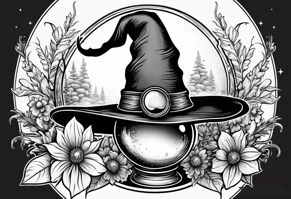 Witch hat sitting on top of a crystal ball sitting on wildflowers tattoo idea