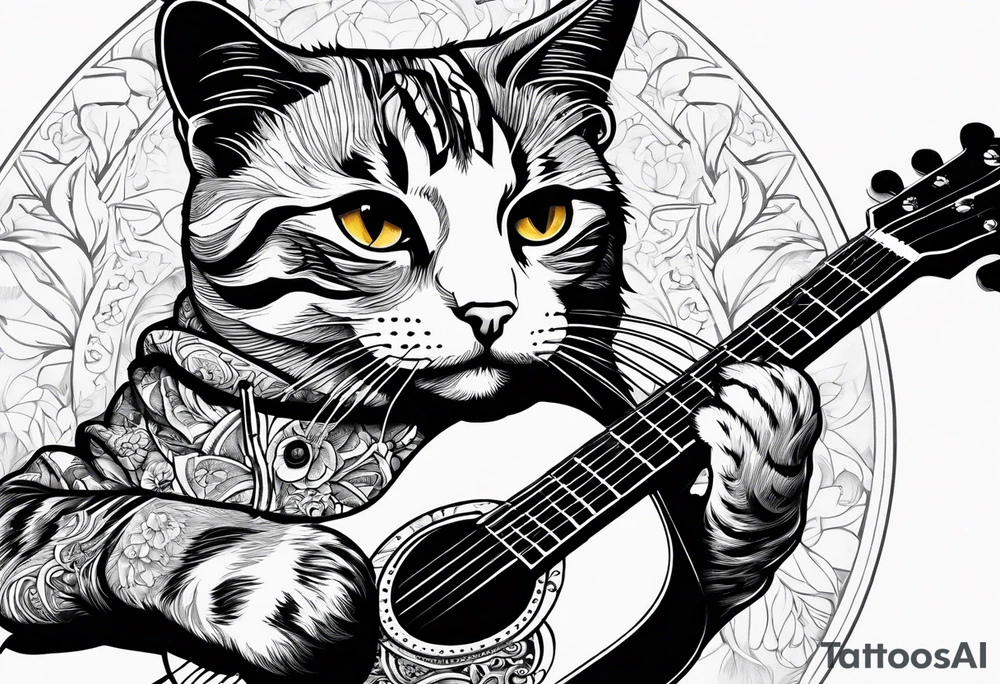 A cat playing acoustic guitar and sitting on a cajon. tattoo idea A cat playing acoustic guitar and sitting on a cajon. tattoo idea