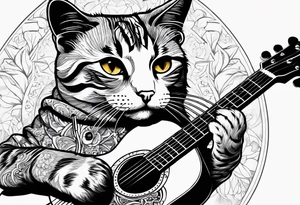 A cat playing acoustic guitar and sitting on a cajon. tattoo idea