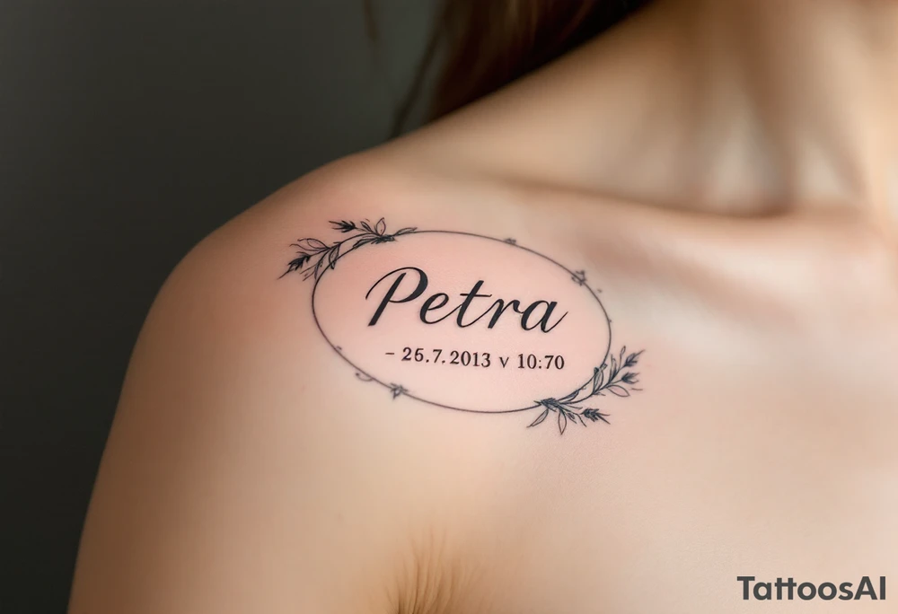 Classic serif font "Petra – 25.7.2013 v 10:10" inside a soft blush pink oval frame. tattoo idea