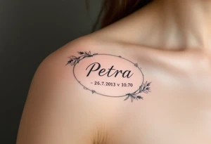 Classic serif font "Petra – 25.7.2013 v 10:10" inside a soft blush pink oval frame. tattoo idea