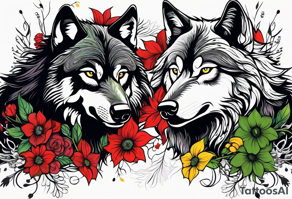 Two wolves face each other.  One wolf snarls, surrounded by thorns, the other has a serene expression, surrounded by colorful wildflowers.  Bold outlines, limited palette: red, yellow, green, black. tattoo idea