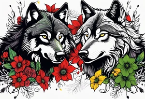 Two wolves face each other.  One wolf snarls, surrounded by thorns, the other has a serene expression, surrounded by colorful wildflowers.  Bold outlines, limited palette: red, yellow, green, black. tattoo idea