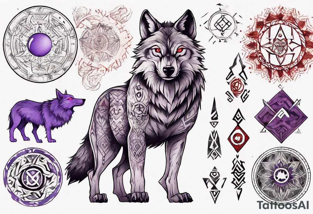 want a half sleeve on my left forearm featuring a wolf with a vegvisir for its purple and red eye, surrounded by Māori patterns and Norse symbols tattoo idea