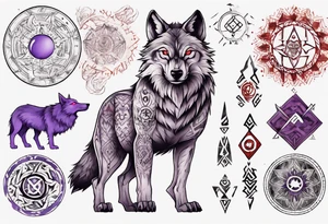want a half sleeve on my left forearm featuring a wolf with a vegvisir for its purple and red eye, surrounded by Māori patterns and Norse symbols tattoo idea