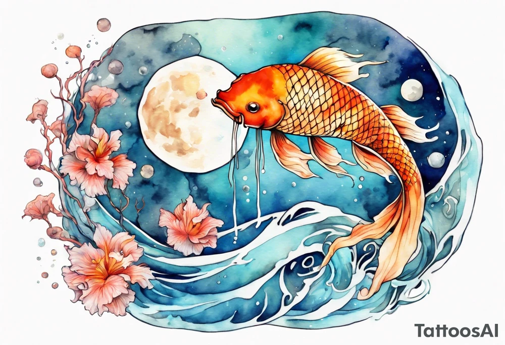 Water scene, featuring koi karp, jellyfish, the moon. With nods to Pisces. tattoo idea