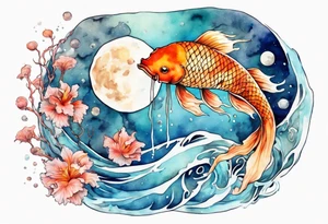 Water scene, featuring koi karp, jellyfish, the moon. With nods to Pisces. tattoo idea