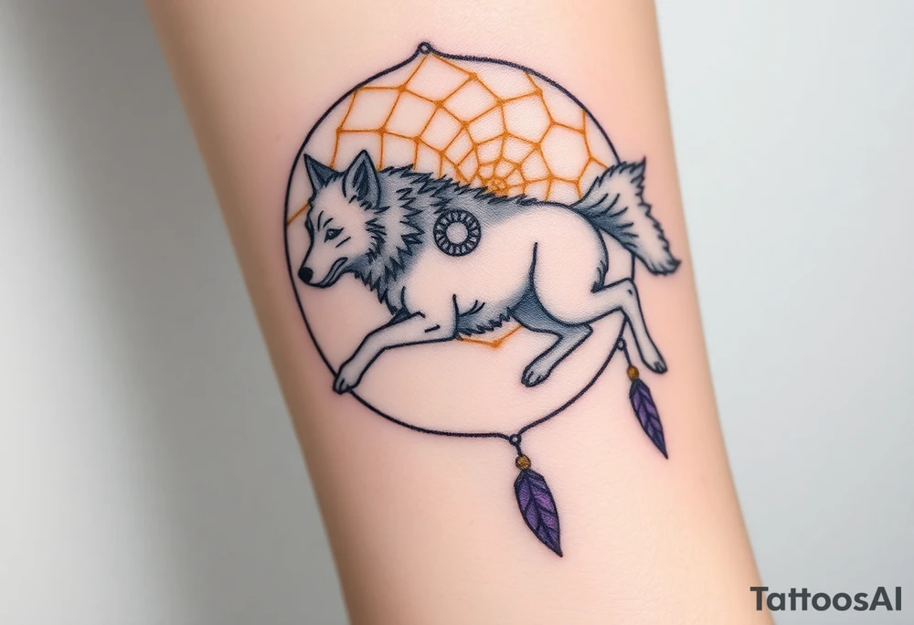 A wolf running through a dreamcatcher, with dreamcatcher threads trailing behind it, giving a sense of movement. The wolf is painted in silver and white, and the threads are in golden yellow and purple. tattoo idea