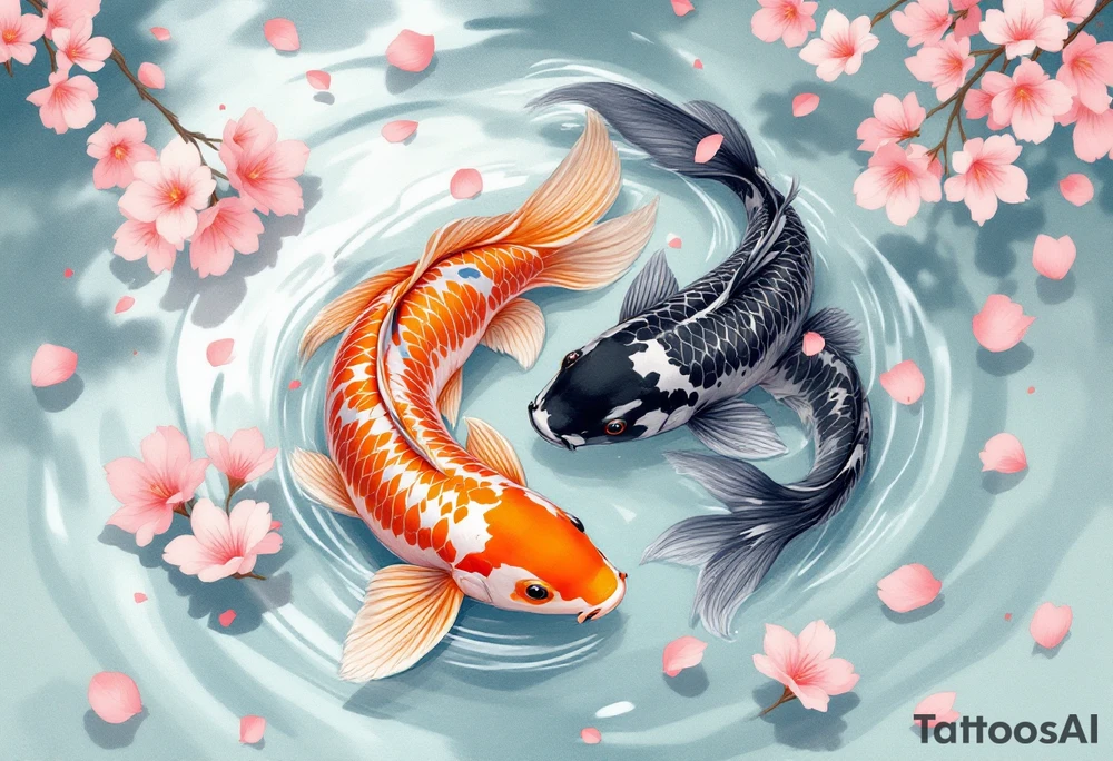 Koi Duo in Cherry Blossom Stream – A pair of koi, one orange, one black, flowing together through a river filled with scattered cherry petals. tattoo idea