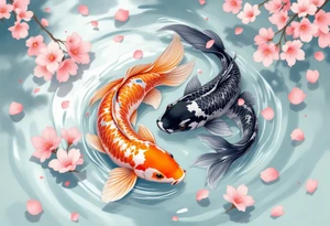 Koi Duo in Cherry Blossom Stream – A pair of koi, one orange, one black, flowing together through a river filled with scattered cherry petals. tattoo idea