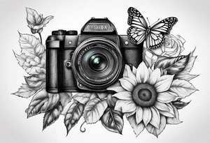 sunflower, camera, flower rose , book, butterfly tattoo idea