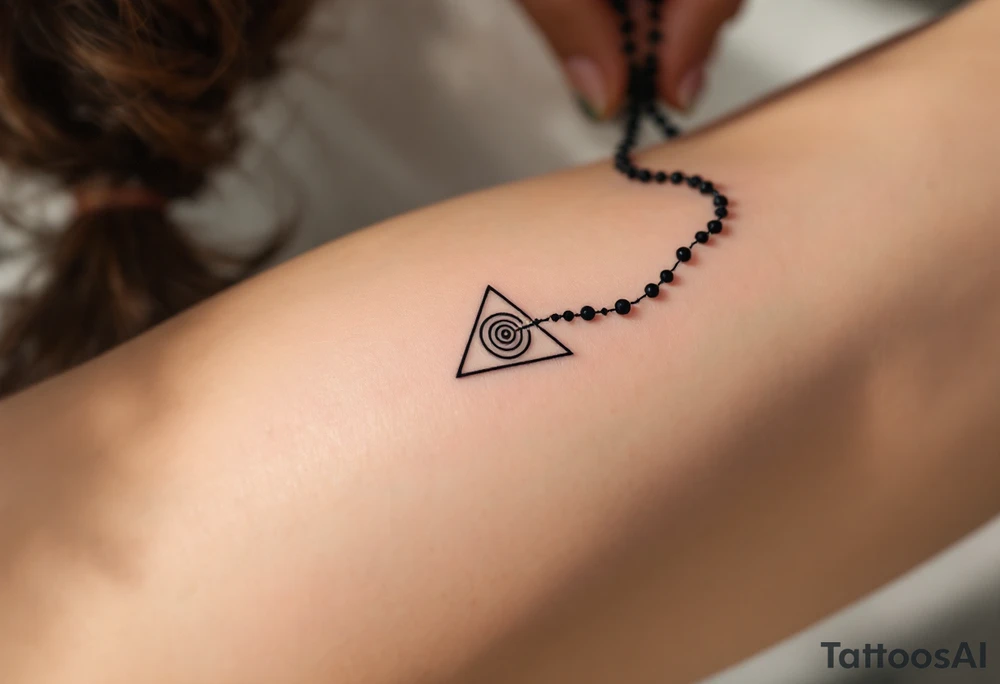 Minimalist geometric rosary tattoo: precise black‑ink circles (beads) decreasing subtly in size, linked by perfectly straight, fine lines to form clean angles rather than curves; the strand drapes in a crisp isosceles‑triangle silhouette across the forearm. Where the pendant would hang, a small concentric‑line cross sits inside a outlined golden‑ratio spiral, all rendered in thin charcoal‑black lines with a single muted‑copper accent on the cross for contrast—overall a sleek, math‑inspired aesthetic with no shading, just pure linework. tattoo idea